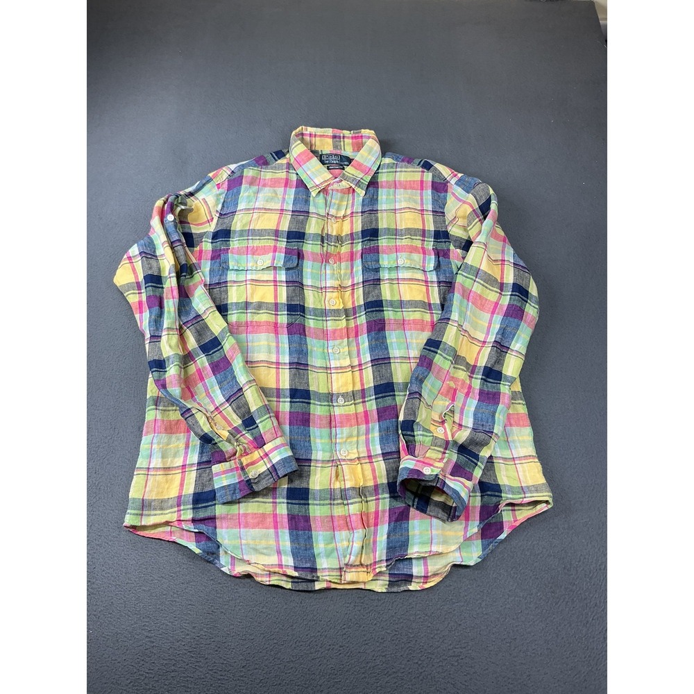 Polo Ralph Lauren Shirt Mens L Multicolor Plaid Linen Long Sleeve Button Up